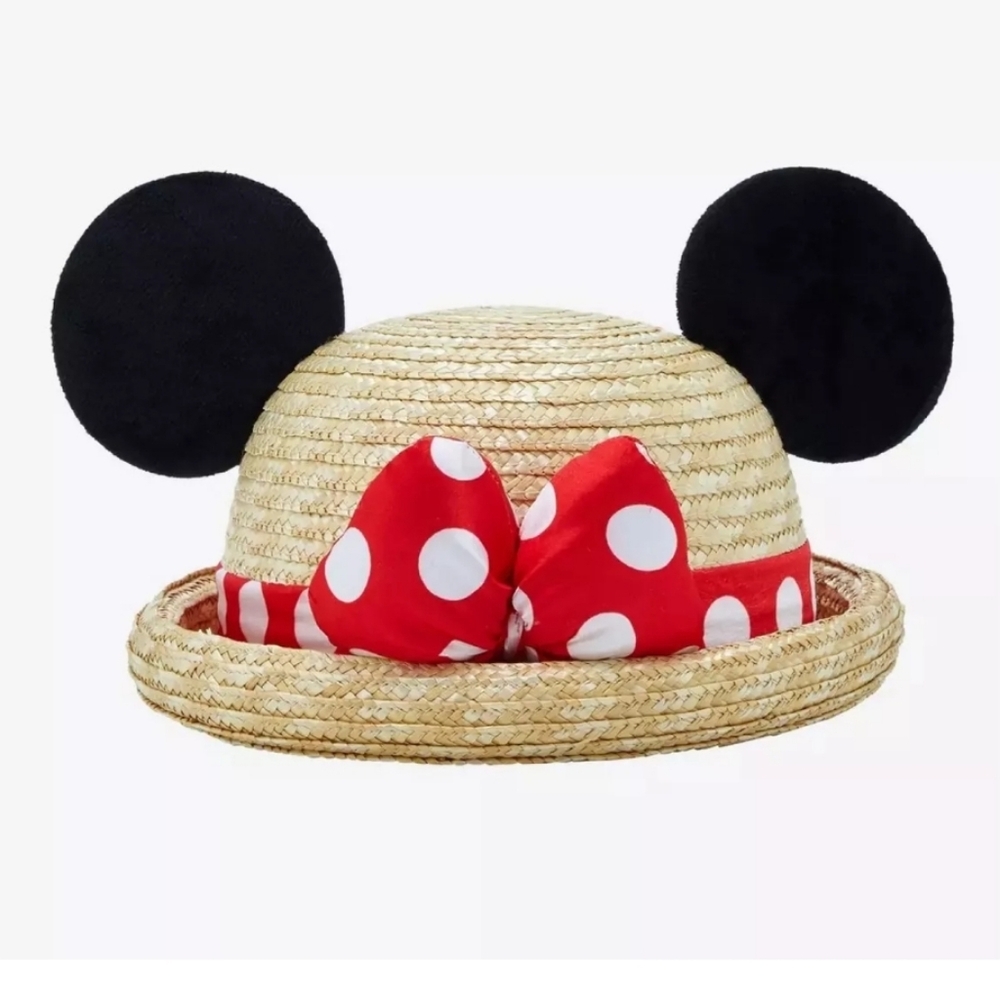 Disney Minnie Mouse 3D Ear Straw Hat Ears Bow Bowler Derby Polka Dot